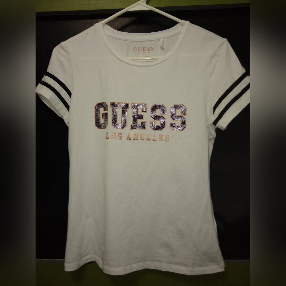 "SPARKLY" GUESS White Tee with Black and Gold Details